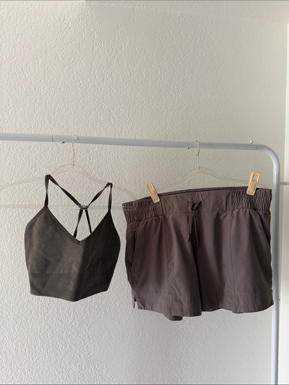 taupe Gray Drawstring Athletic Shorts and thin strapped sports bra set